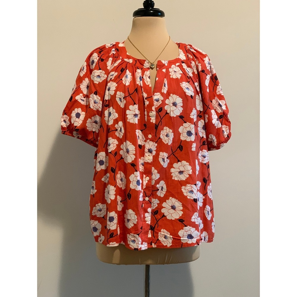 St Johns Bay Women Cotton Blend Orange Floral Puff Sleeve Blouse Top PXXL